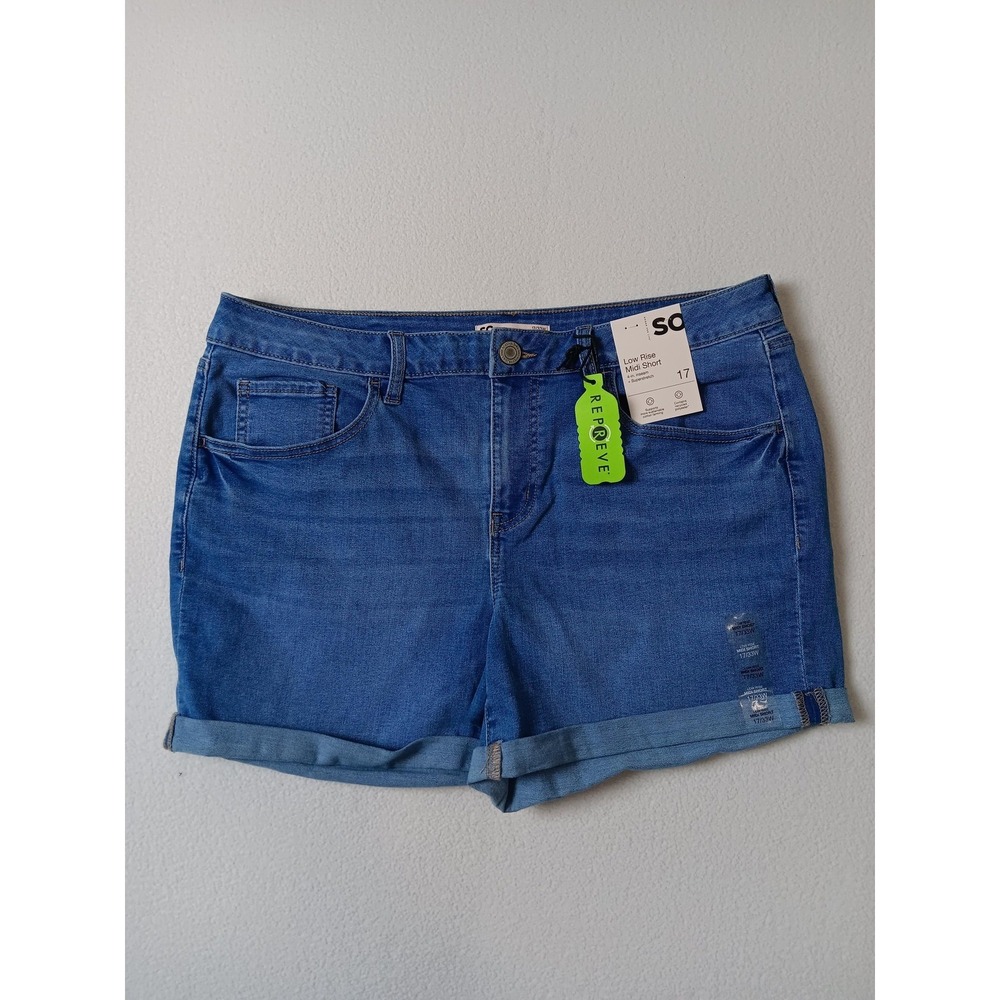 SO Skimmer Shorts Juniors 17‎ Blue Denim Stretch Low Rise Midi Cuffed Summer